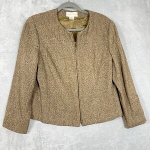 Casual Corner Womens Wool Blend Tweed Jacket 14 Zip Blazer Brown Career Academia
